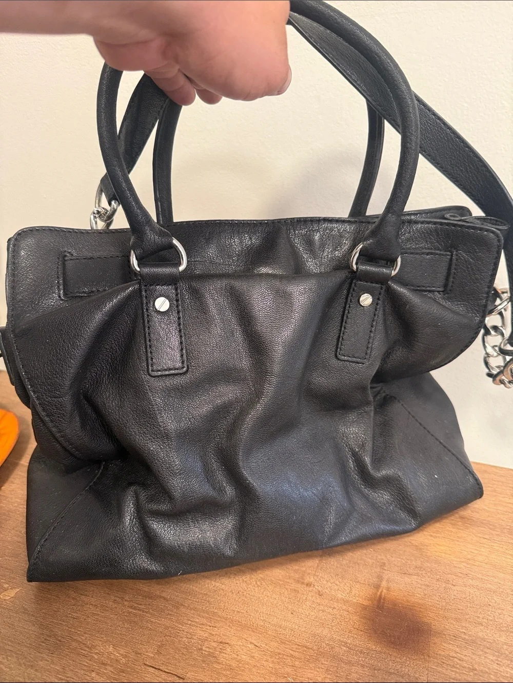 Michael Kors Black Leather Shoulder Tote with Silver Chain Accent
